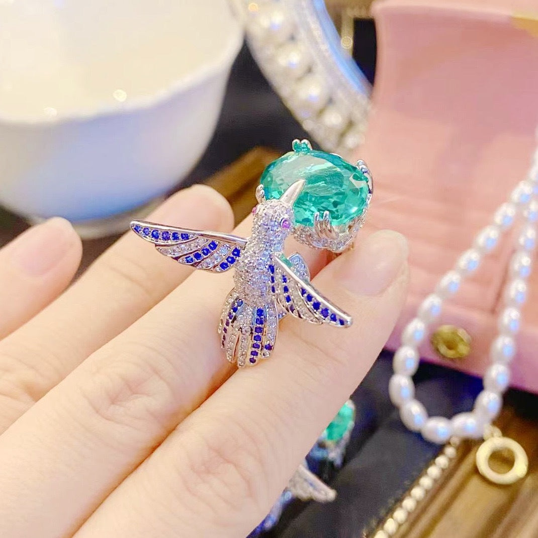 Emerald Green Crystal Hummingbird Ring for Women