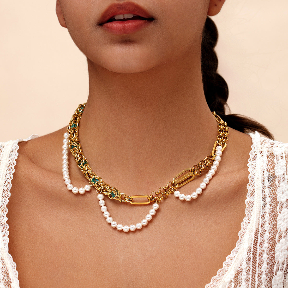 Titanium Steel Pearl Cuban Coarse Chain Splicing Necklace