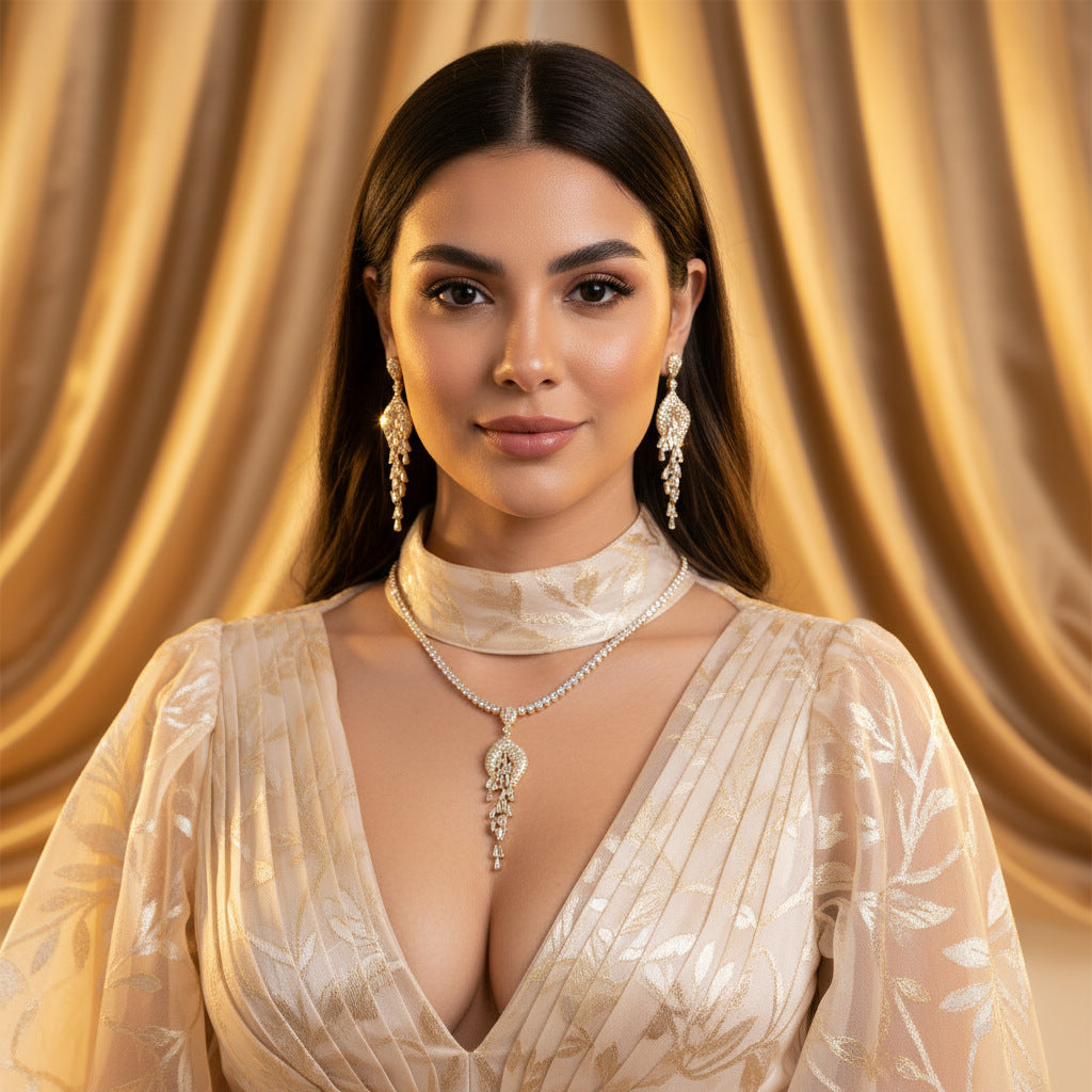 Elegant Gold Tassel Necklace Set – Sparkling Crystal Earrings Jewelry