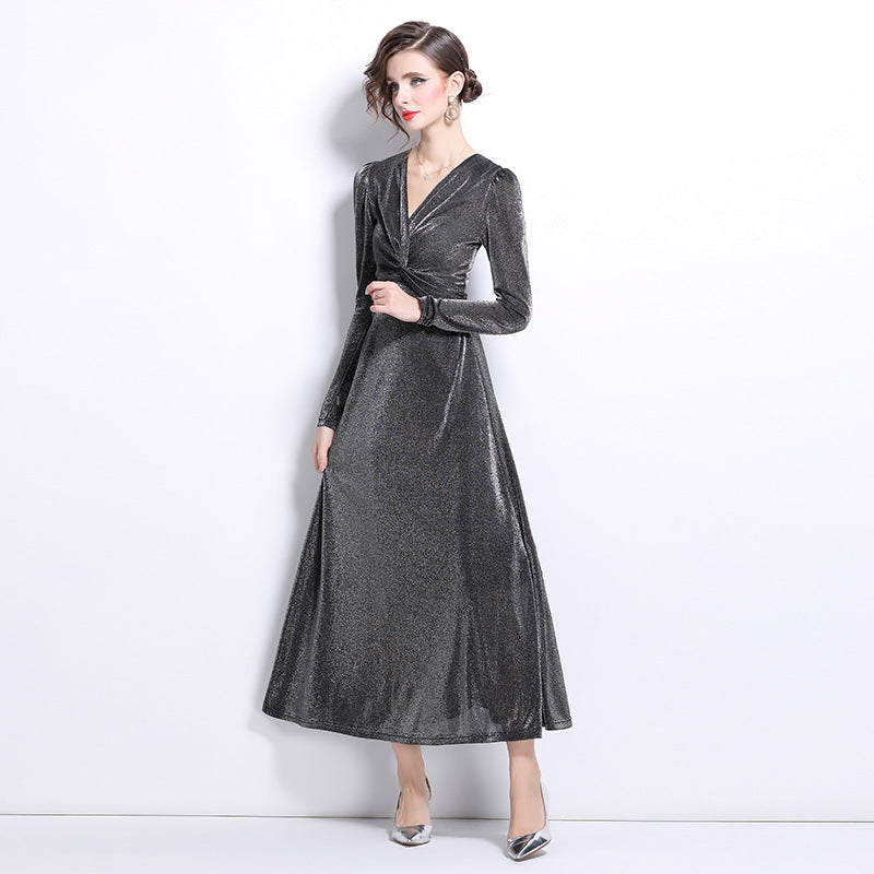 Niche velvet temperament waist long-sleeved dress