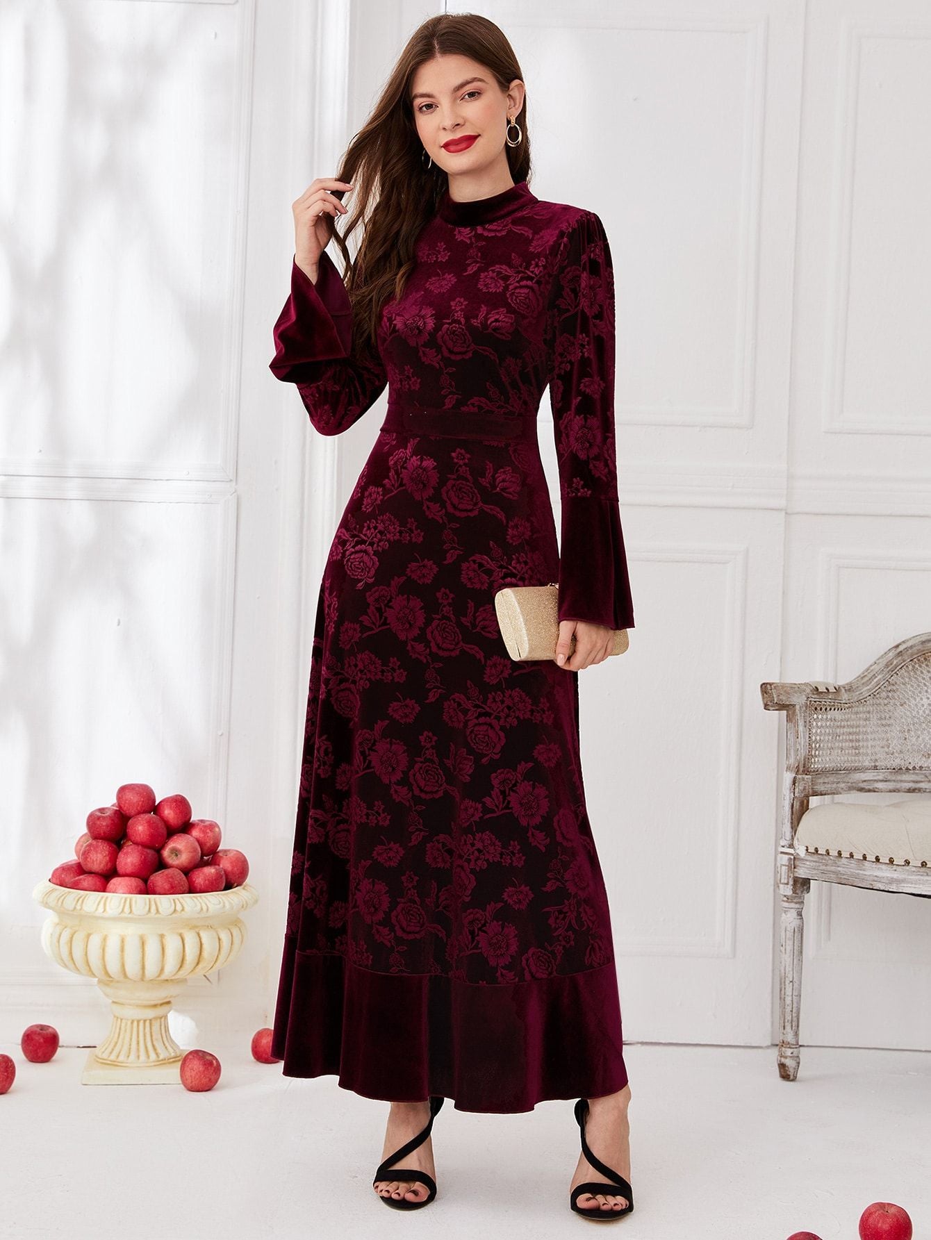 Fashionable velvet printed long sleeved dress