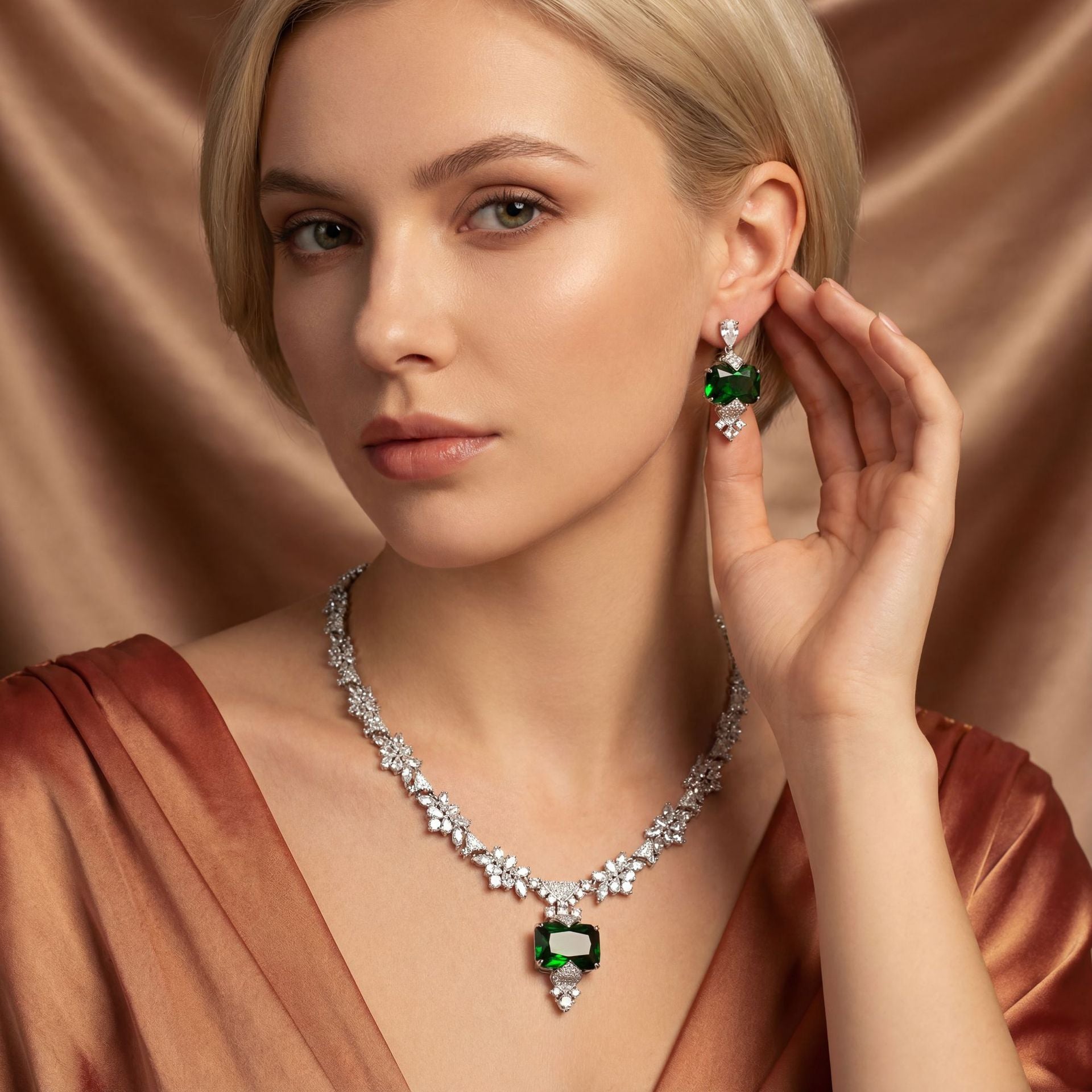 Luxury Sapphire Blue Gemstone Necklace Set for Women – Floral Statement Jewelry with Matching Earrings