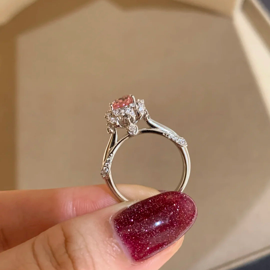 Bague élégante ovale avec gemme rose – Bague de déclaration halo pour femme