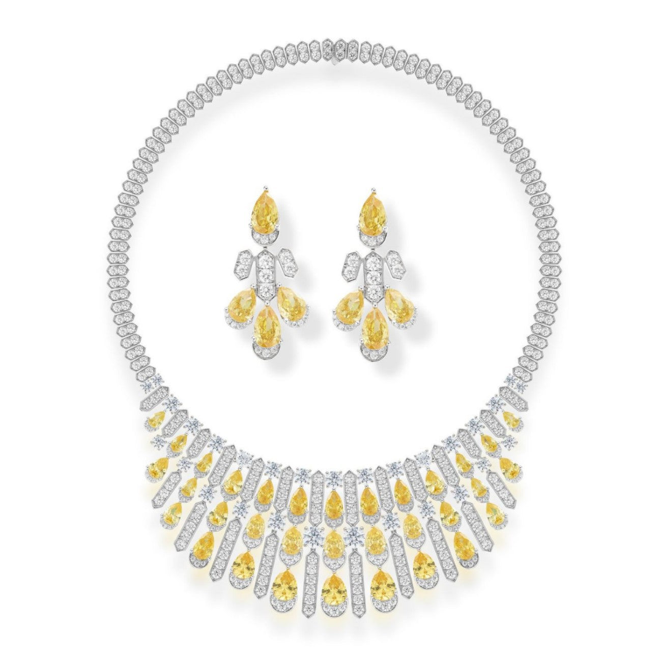 Luxury Yellow Crystal Necklace Earrings Set – Elegant Statement Jewelry for Women