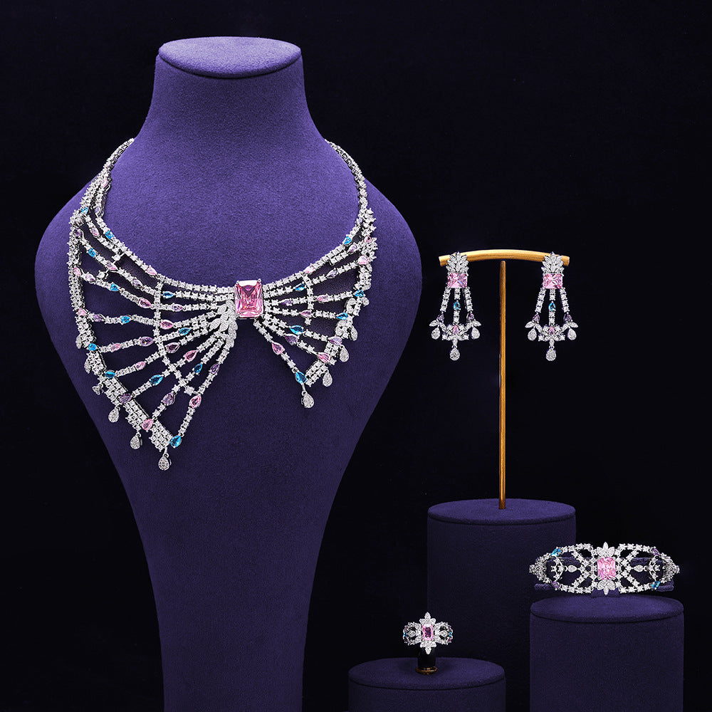 Luxury Red Crystal Bow Style Necklace Earrings Bracelet Ring Jewelry Set