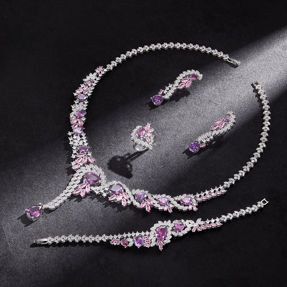 Luxury Purple Pink Crystal Bridal Jewelry Set – Necklace Earrings Ring Statement Set