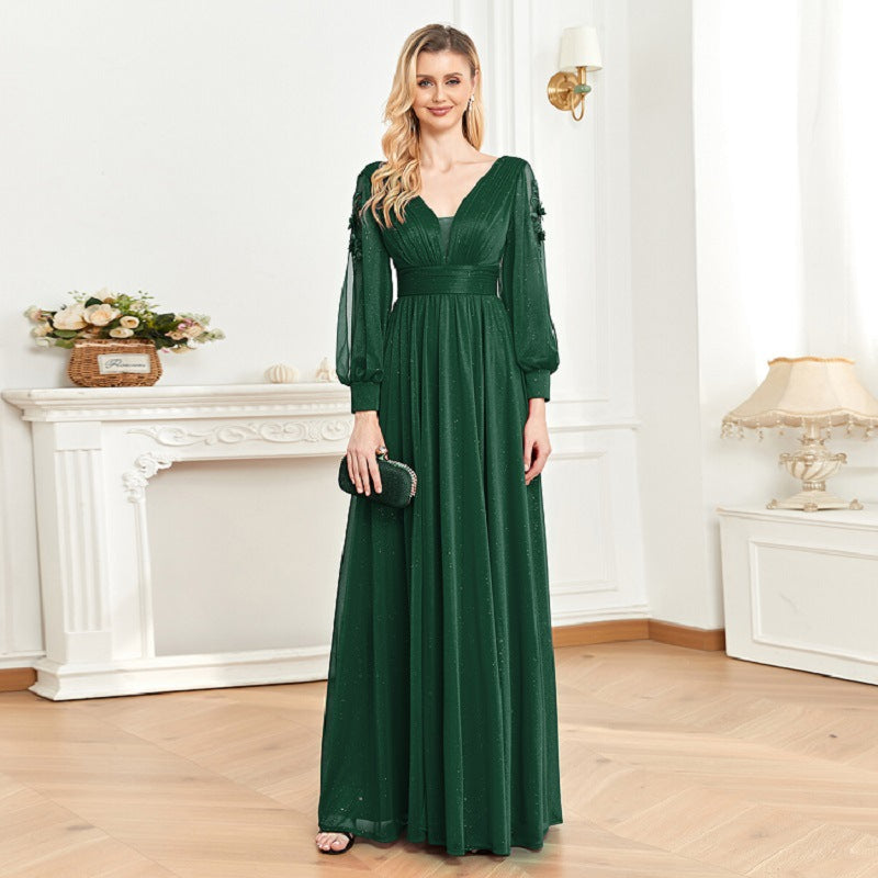 Sexy V-neck temperament long-sleeved dress