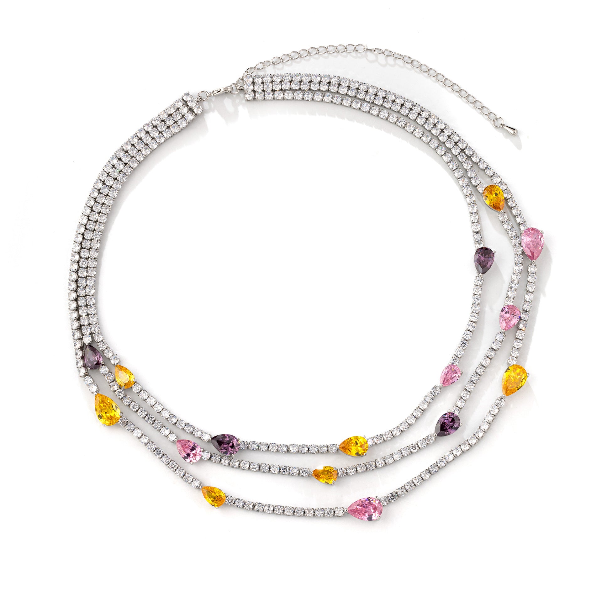 Luxury Multilayer Crystal Necklace Set with Pink Purple Yellow Teardrop Stones – Statement Jewelry for Women