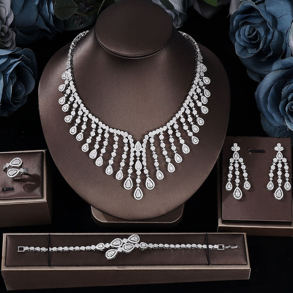 Luxury Silver Teardrop Jewelry Set – Necklace Earrings Bracelet Ring for Women