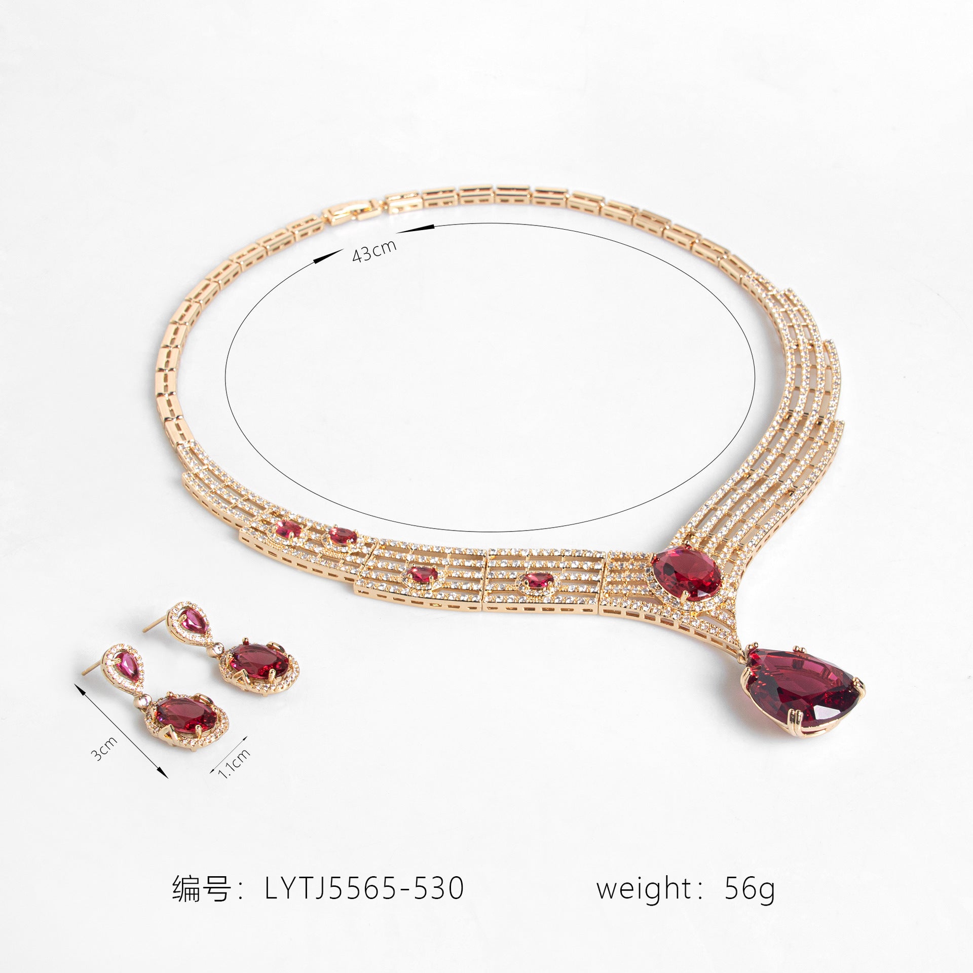 Luxury Deep Red Gemstone Statement Necklace Set for Women – Gold Jewelry with Matching Earrings