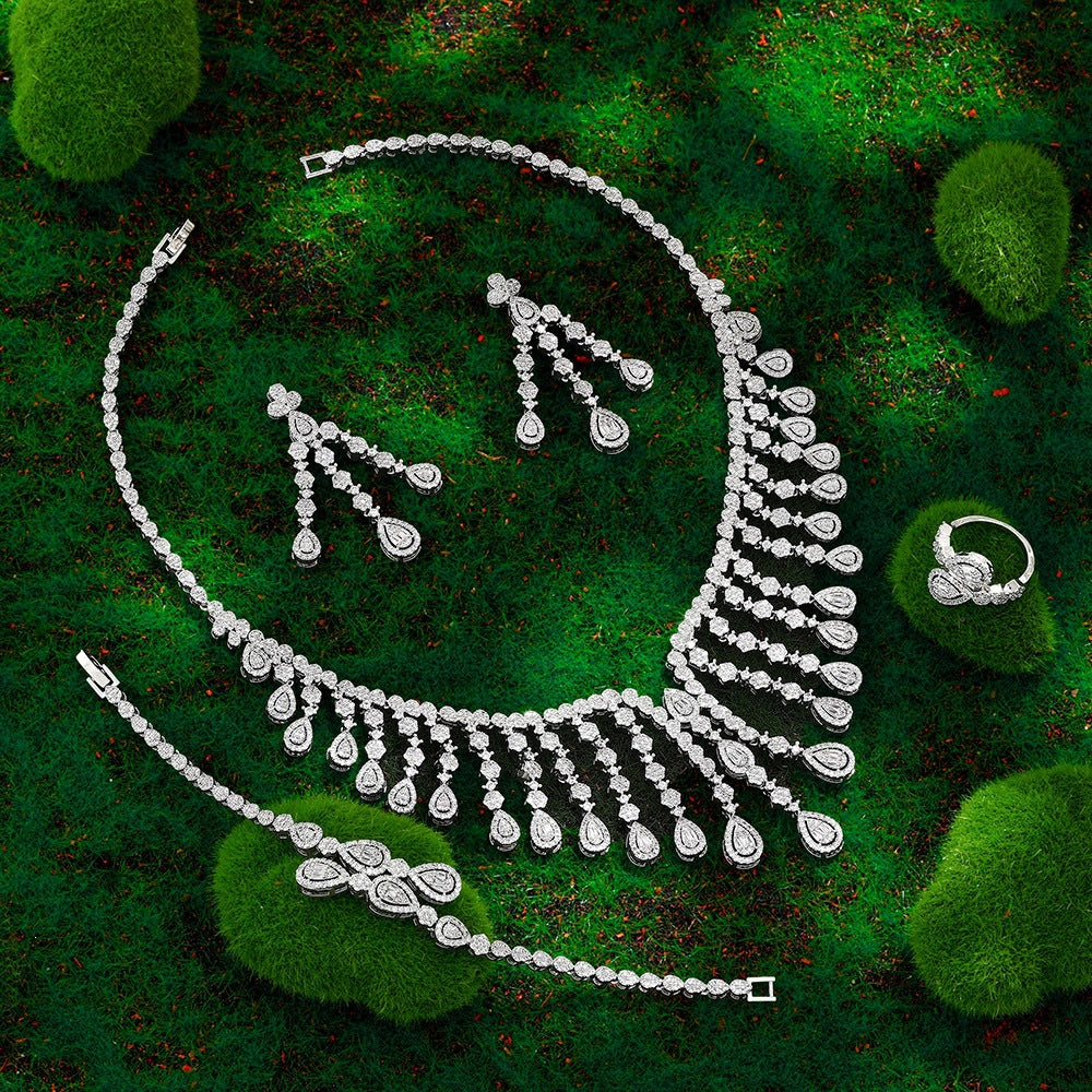 Luxury Silver Teardrop Jewelry Set – Necklace Earrings Bracelet Ring for Women