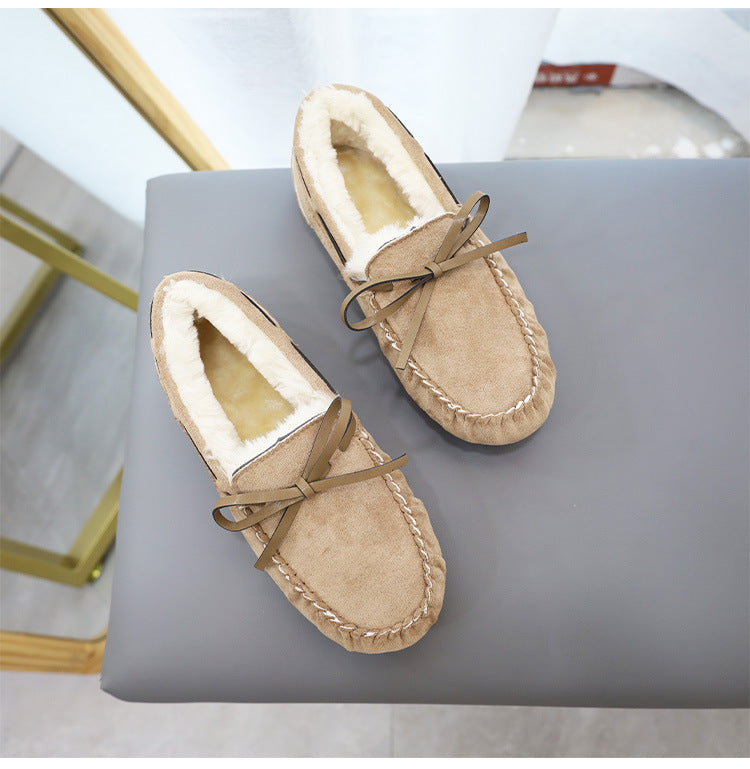 Fashion Large Size Fleece Bow Soft Sole Loafers