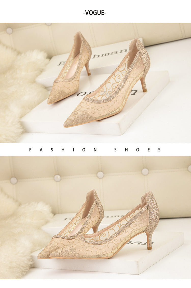 Pointed mesh hollow lace banquet wedding heels