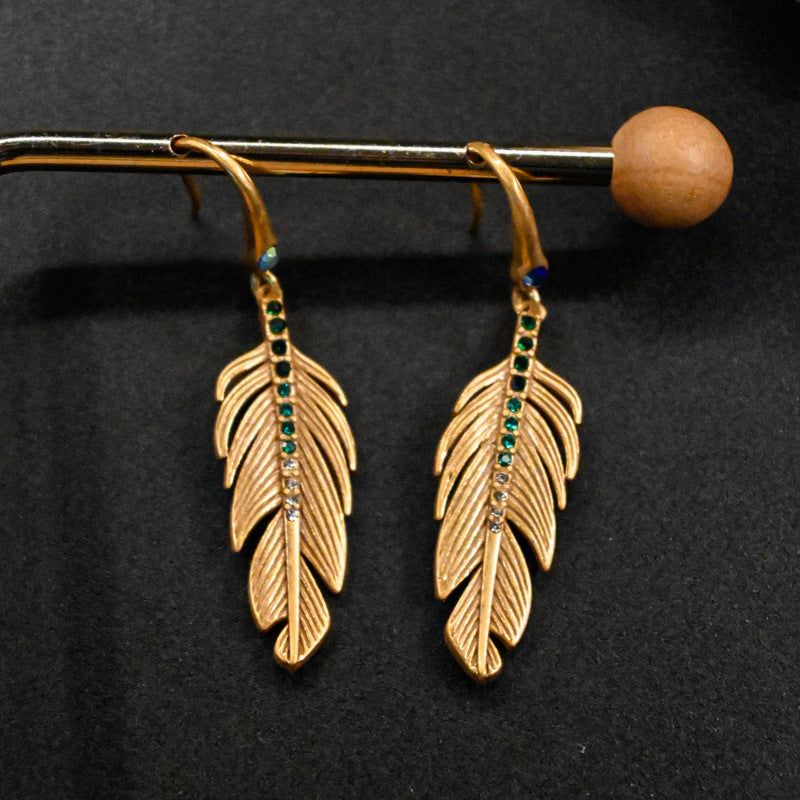 Vintage Brass Rhinestone Feather Earrings