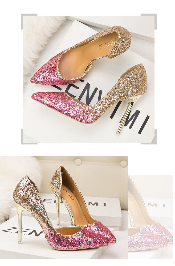 Sexy pointed side hollow sequin heels