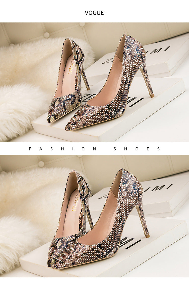 Fashion snake pattern pointed head shallow mouth nightclub high heels