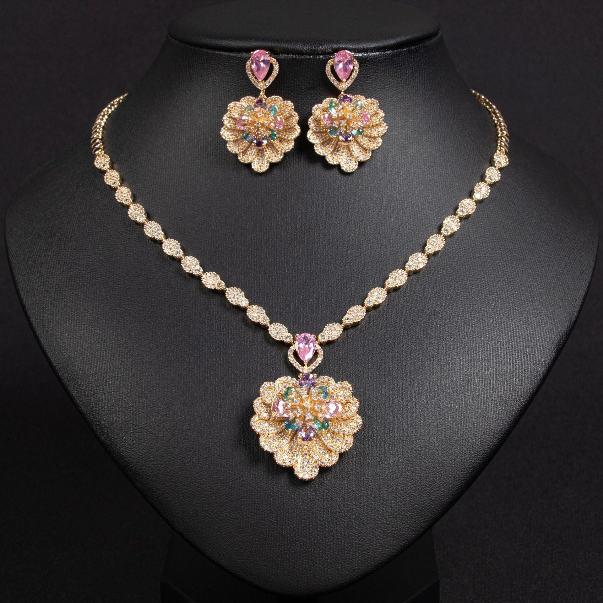 Luxury Pink Floral Crystal Necklace and Earrings Jewelry Set for Women