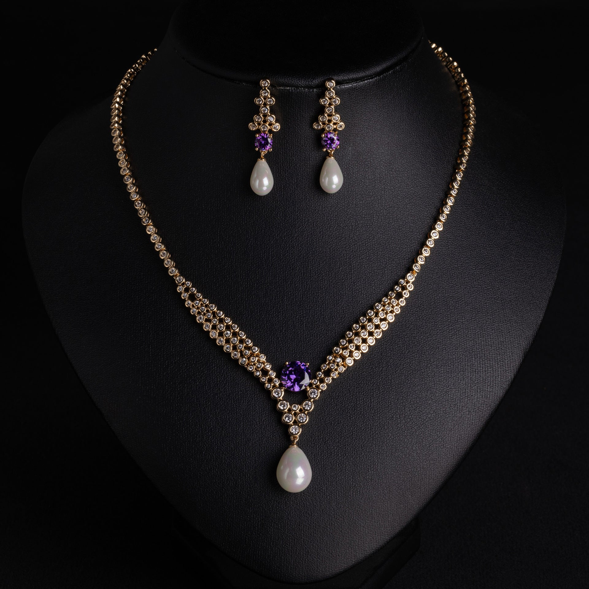 Elegant Purple Pearl Drop Jewelry Set – Gold Tone Necklace Earrings for Women