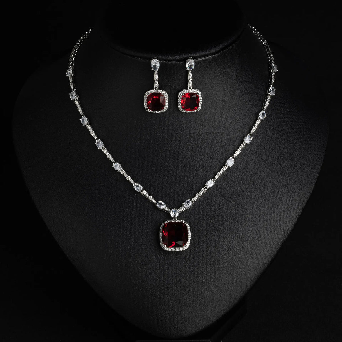 Niche feeling fat square colored treasure stud earrings women's necklace bird's nest cut red diamond pendant set