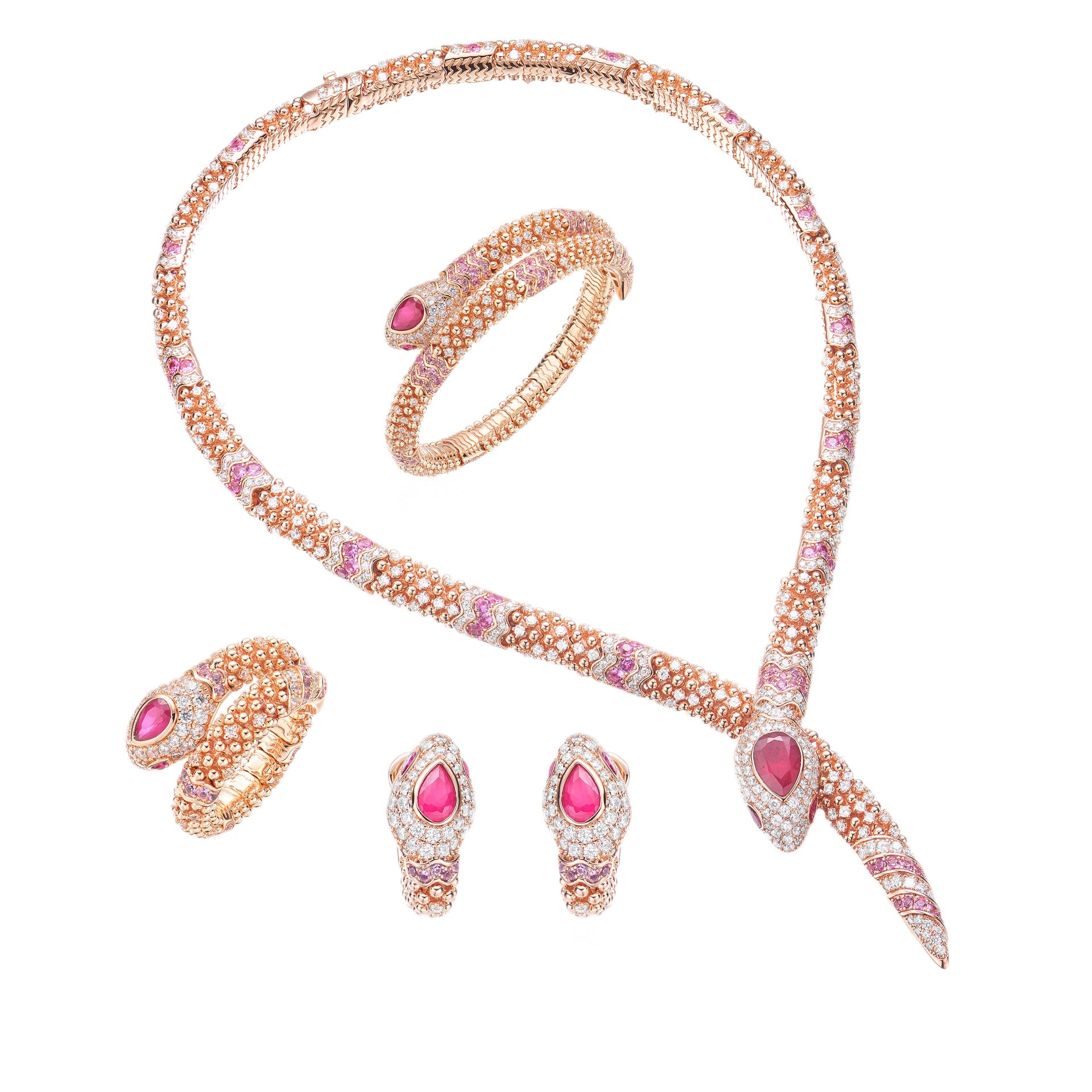 Designer Rose Gold Snake Chain Jewelry Set with Ruby Drop Stones