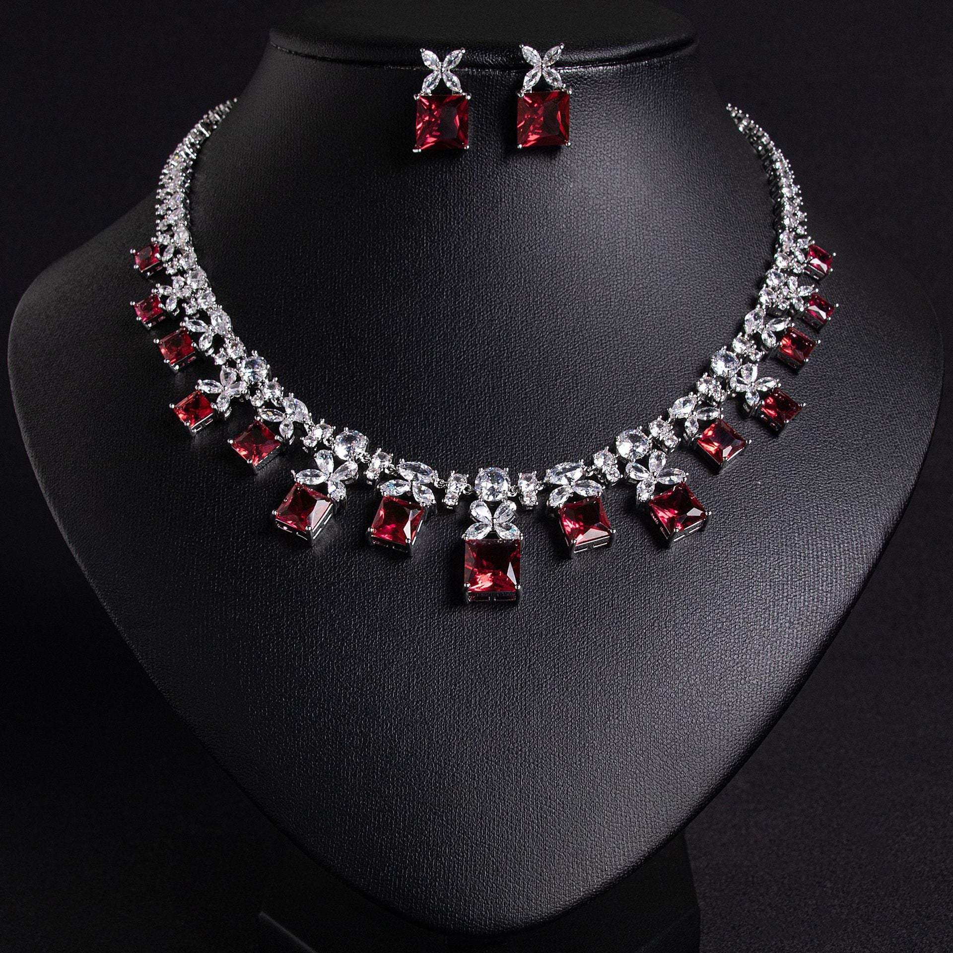 Luxury Ruby Red Square Gemstone Necklace Set for Women – Floral Statement Jewelry with Matching Earrings