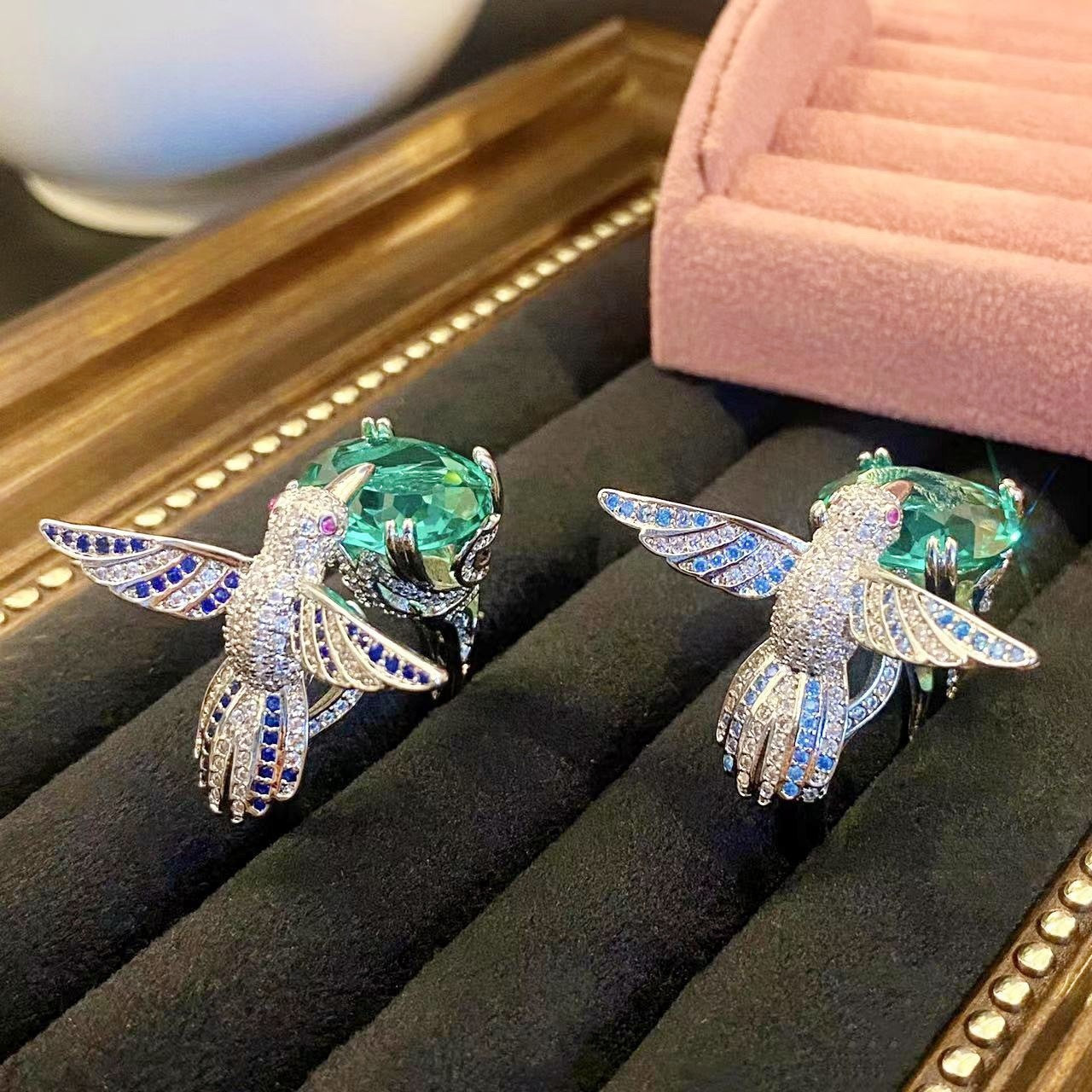Emerald Green Crystal Hummingbird Ring for Women
