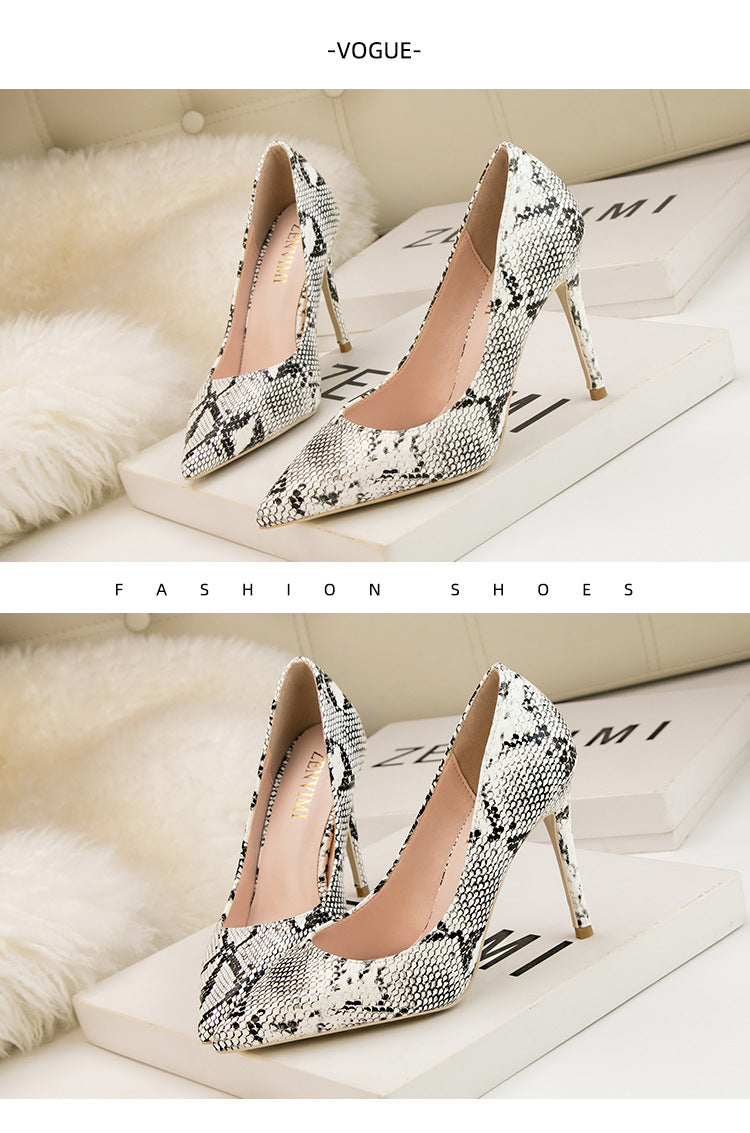 Fashion snake pattern pointed head shallow mouth nightclub high heels