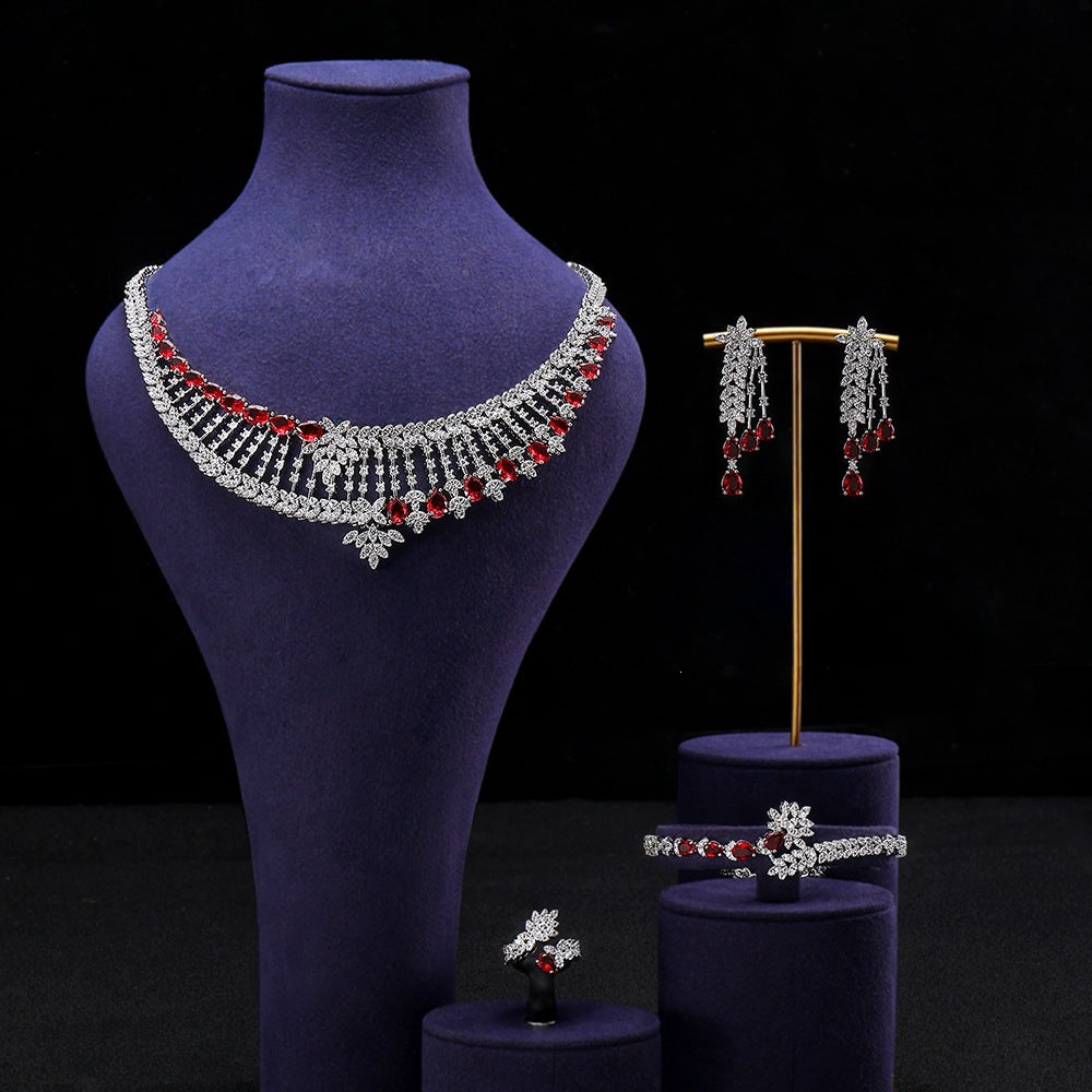 Luxury Red Crystal Tassel Jewelry Set – Necklace Earrings Bracelet Ring for Women