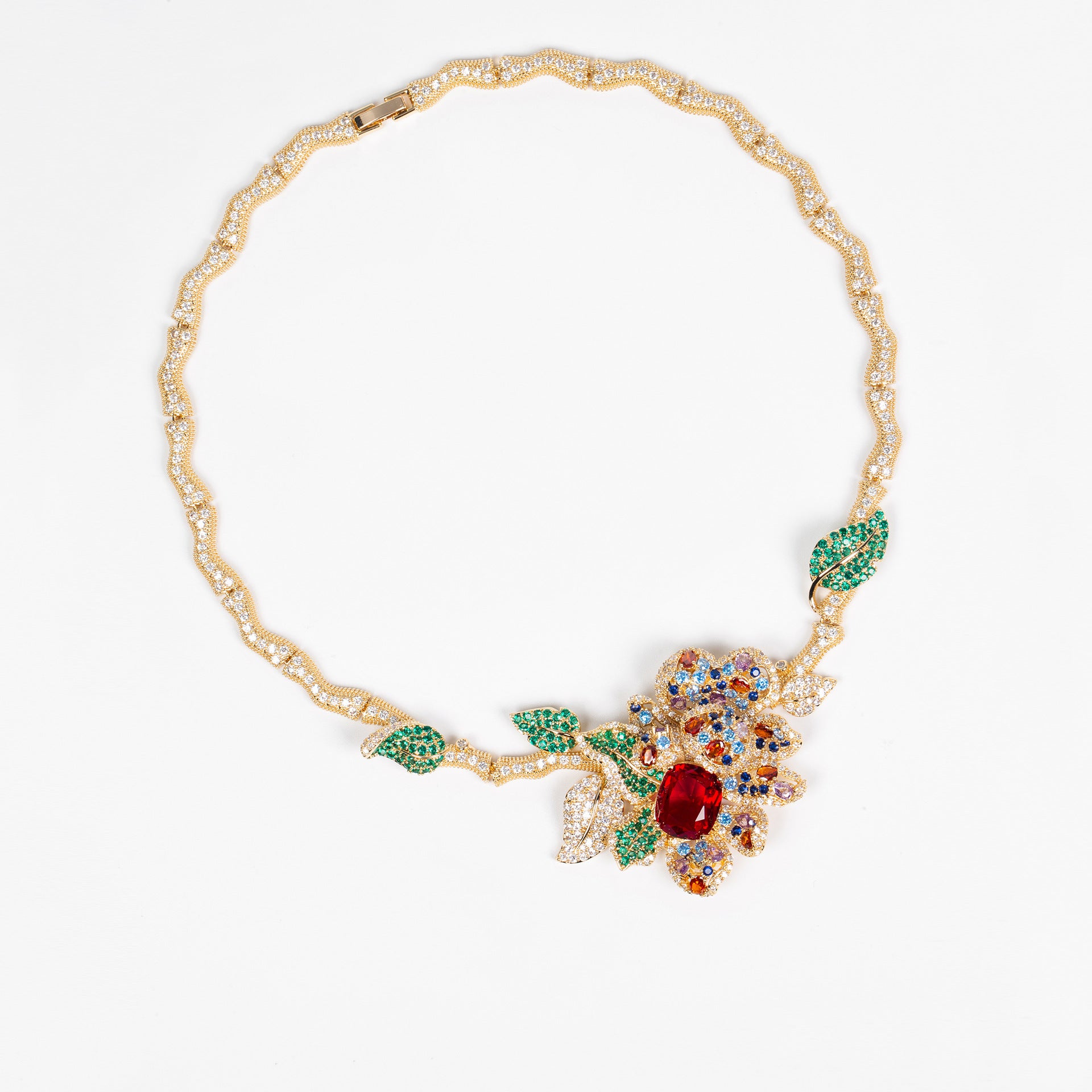 Luxury Red Crystal Flower Necklace Set – Elegant Gemstone Jewelry for Women