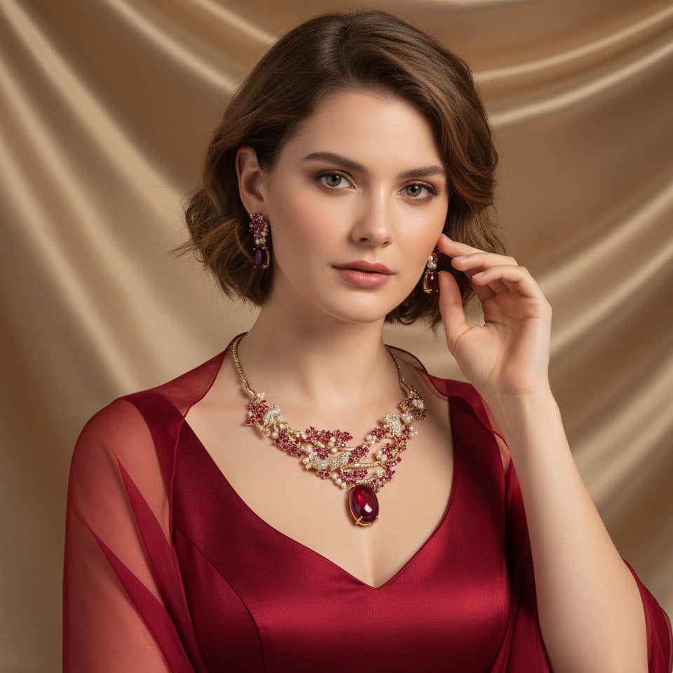 Elegant Red Crystal Pearl Necklace Set – Floral Earrings Jewelry for Women