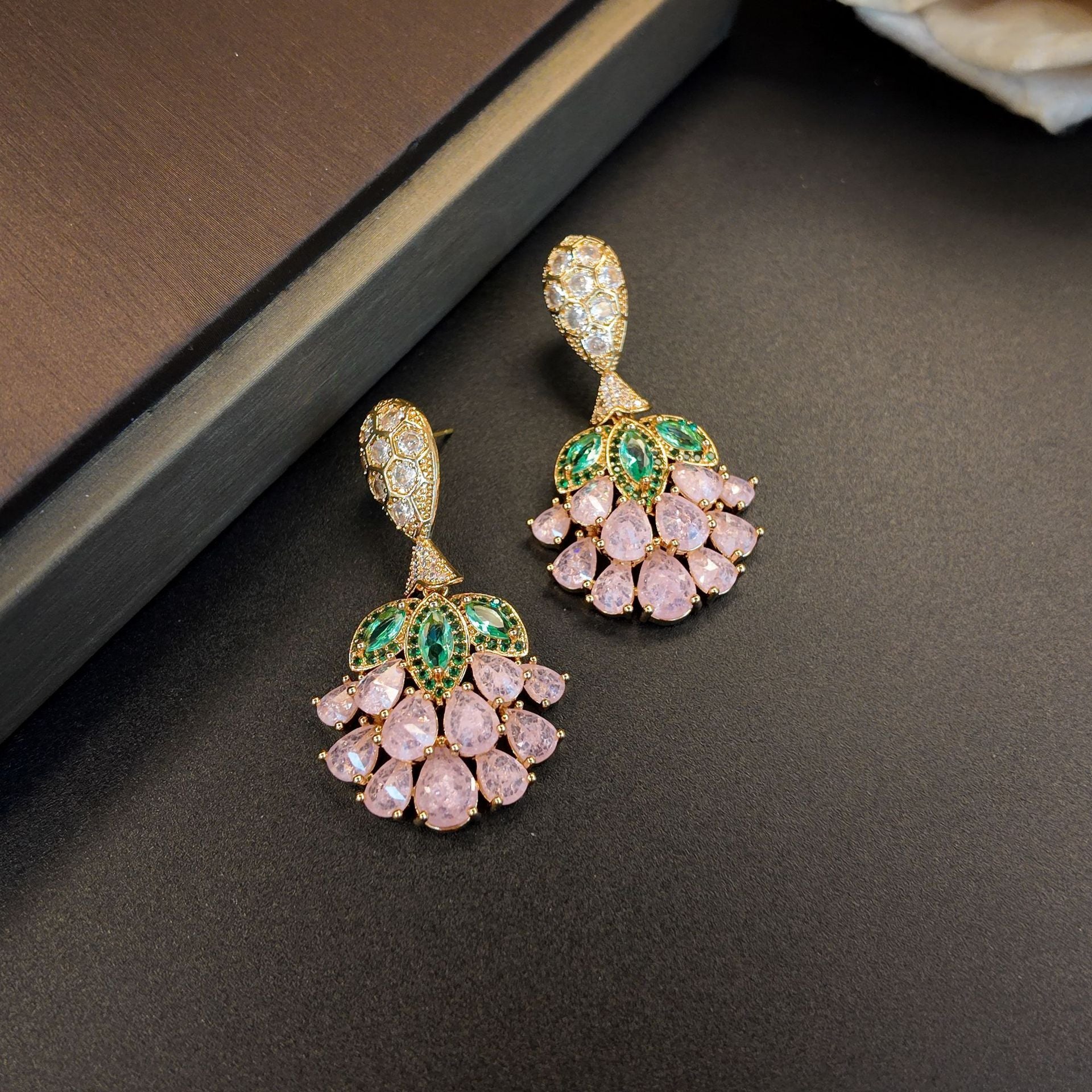 Stylish pink water drop fan flower stud earrings