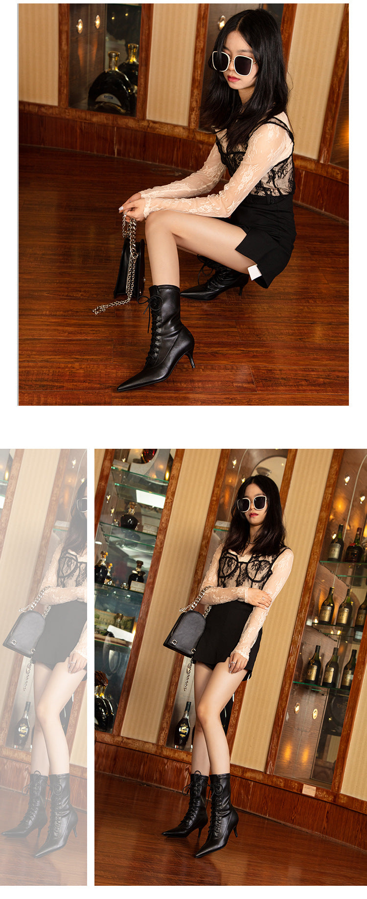 Fashion high-heeled strappy pointed elastic short boots