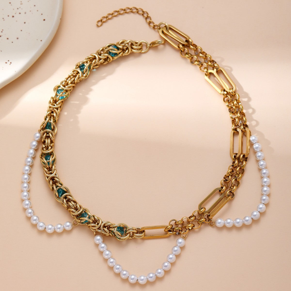 Titanium Steel Pearl Cuban Coarse Chain Splicing Necklace