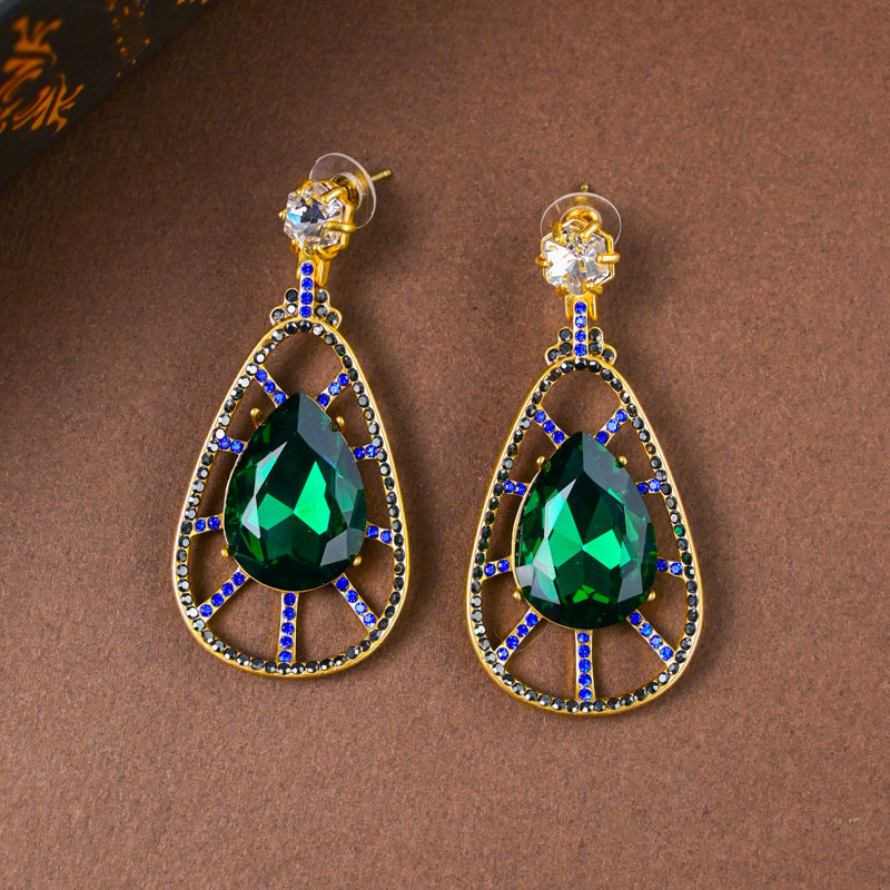 Premium malachite green rhinestone hollow water drop stud earrings