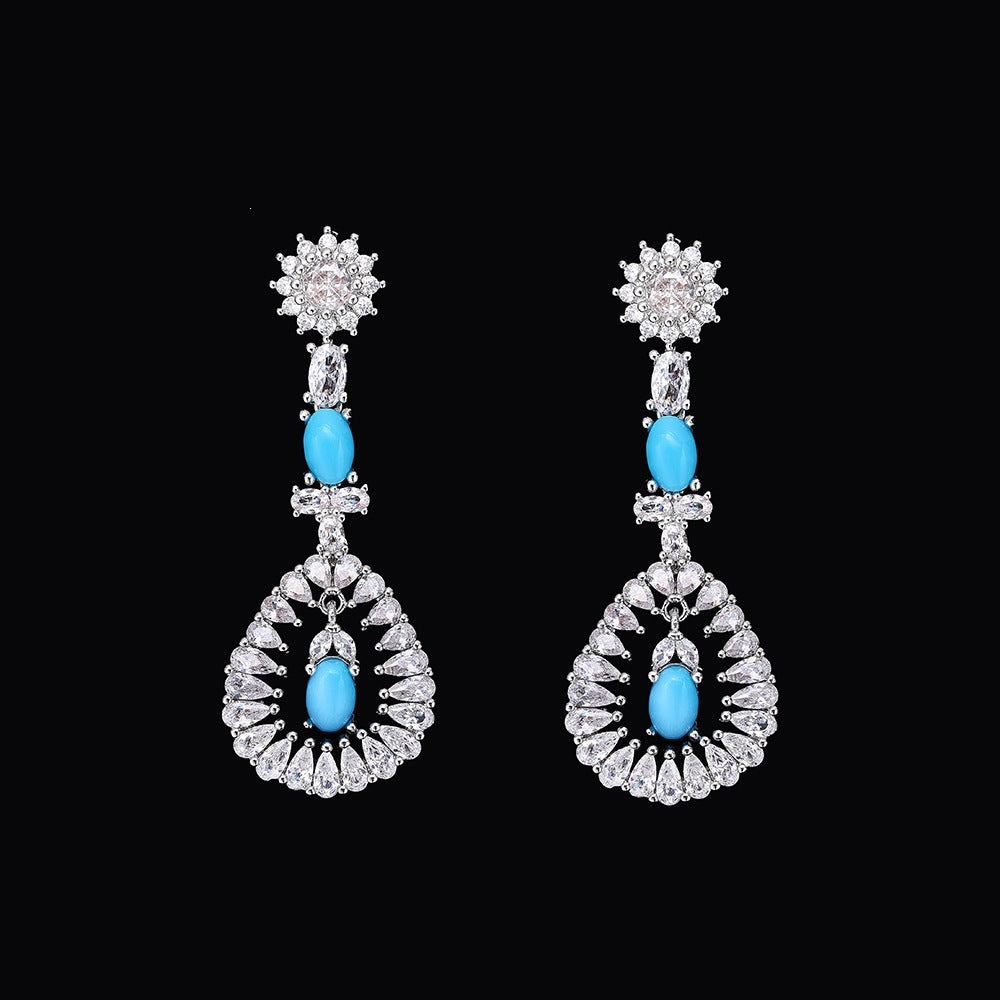 Luxury Silver Crystal Turquoise Blue Jewelry Set Necklace Earrings Ring Bracelet Bridal Wedding Statement Set for Women