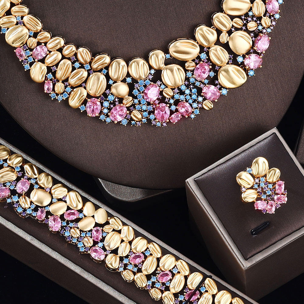 High-End Gold Statement Jewelry Set – Pink Blue Crystal Bridal Set for Women