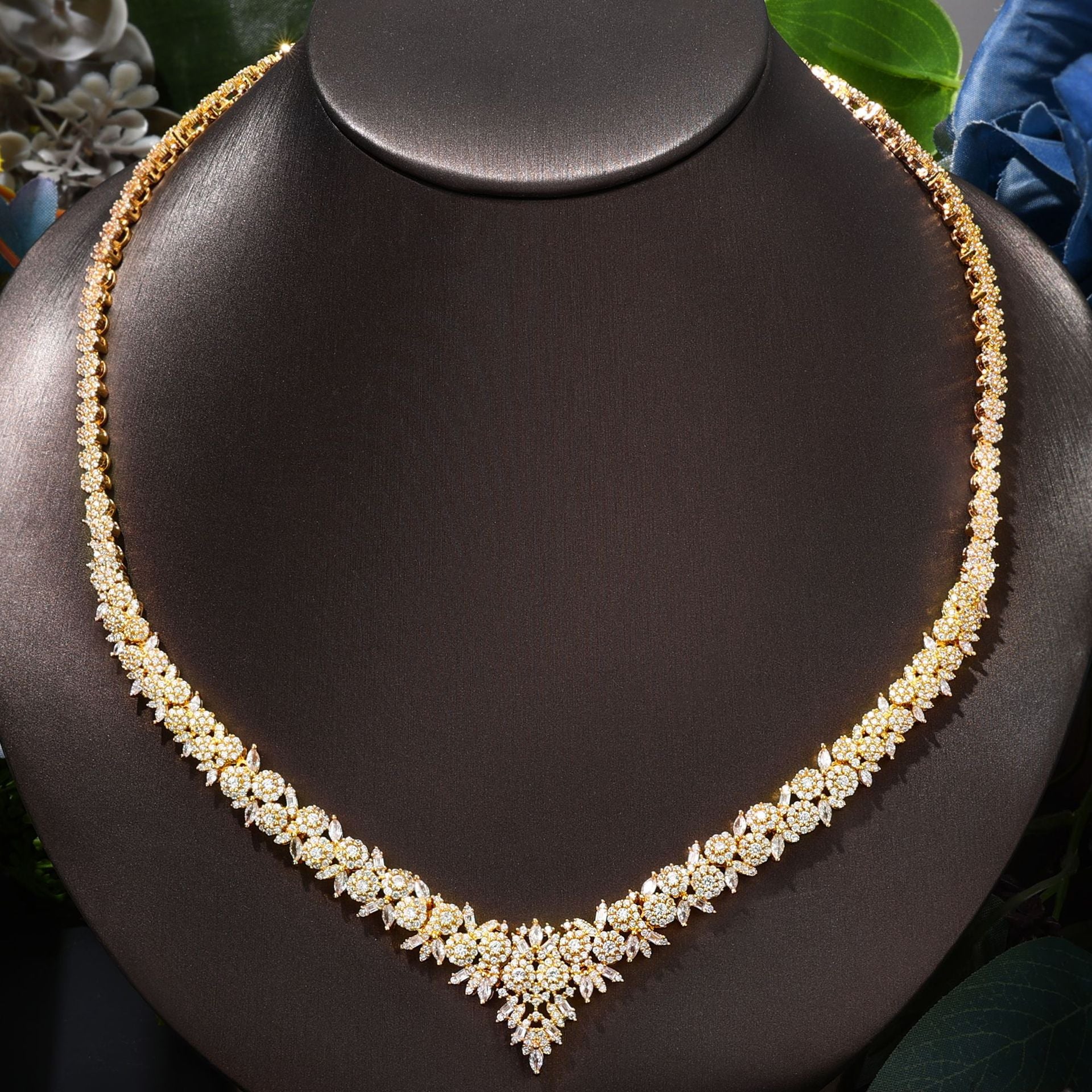 Luxury Gold Crystal Floral Jewelry Set Necklace Earrings Ring Bracelet Bridal Wedding Statement Jewelry for Women