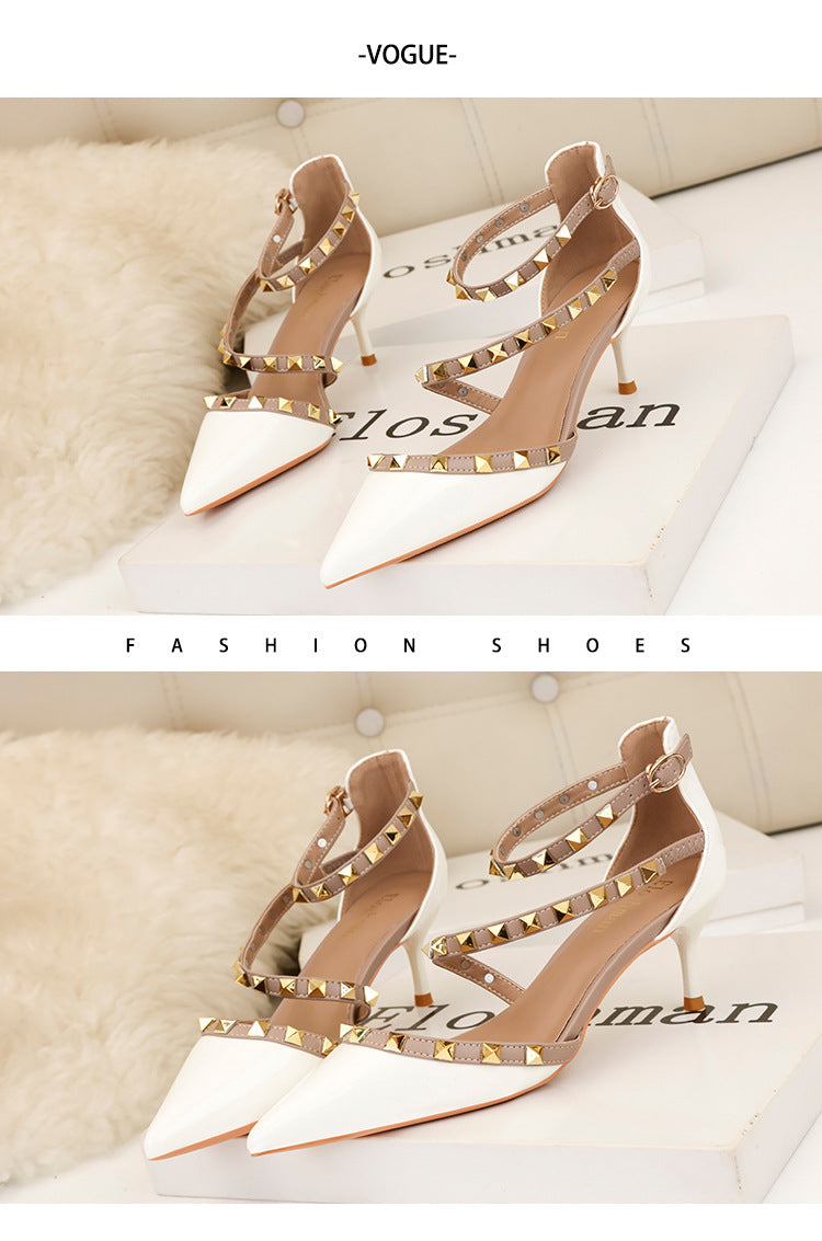 Simple pointed rivets hollow word with high heels sandals