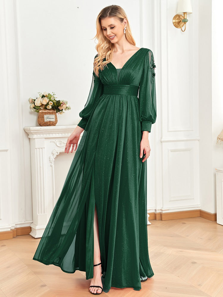 Sexy V-neck temperament long-sleeved dress