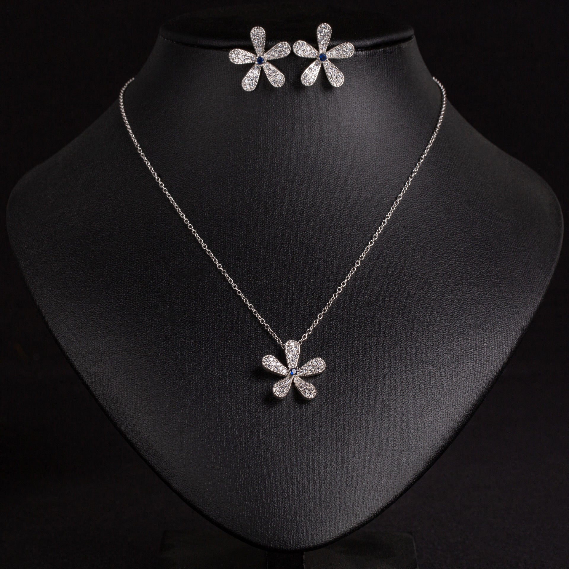 Elegant Silver Floral Crystal Necklace and Earrings Jewelry Set