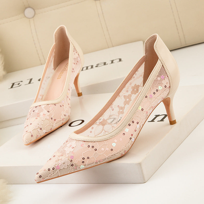 Stylish pointed mesh lace high heels