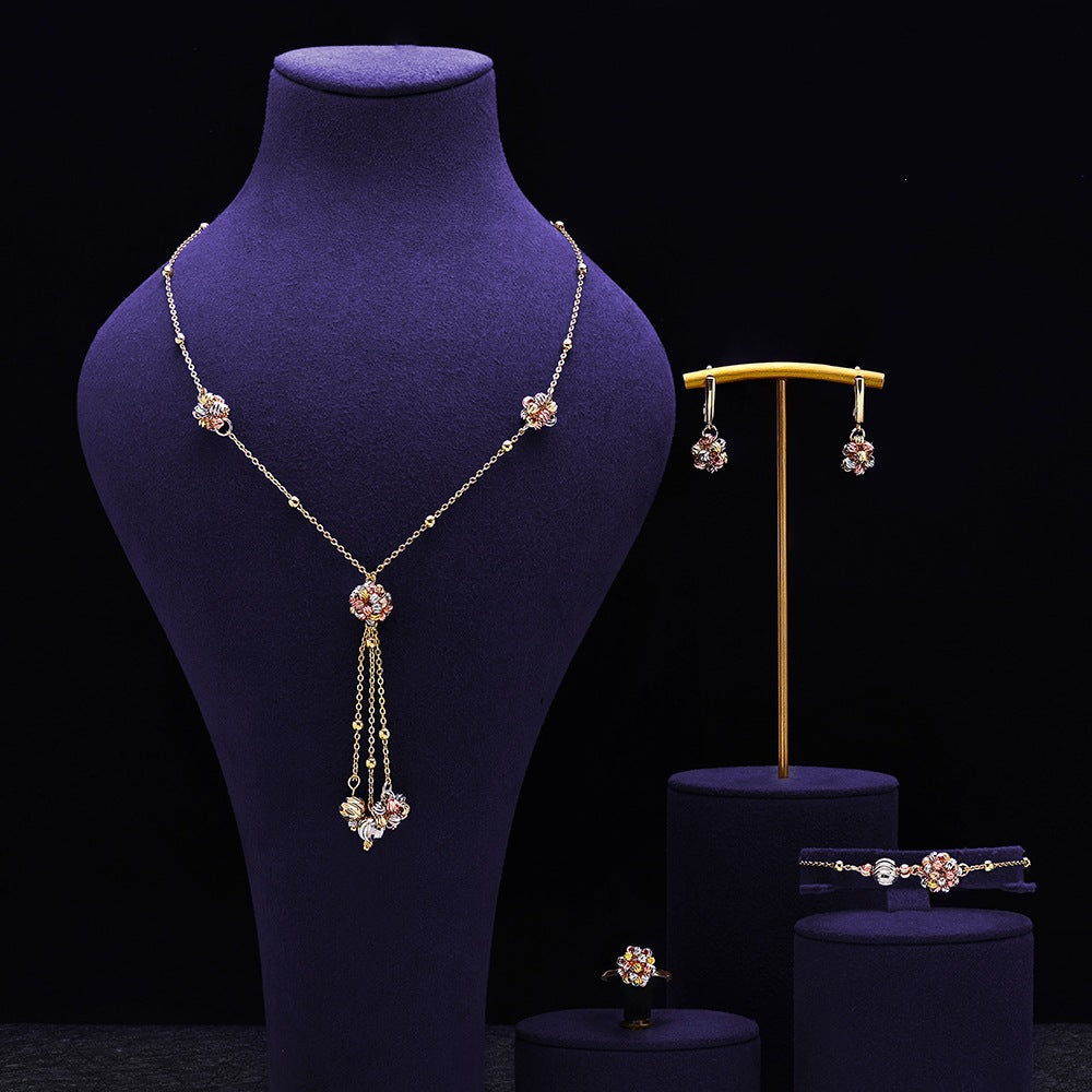 Luxury Gold Floral Tassel Jewelry Set – Necklace Earrings Bracelet Ring for Women