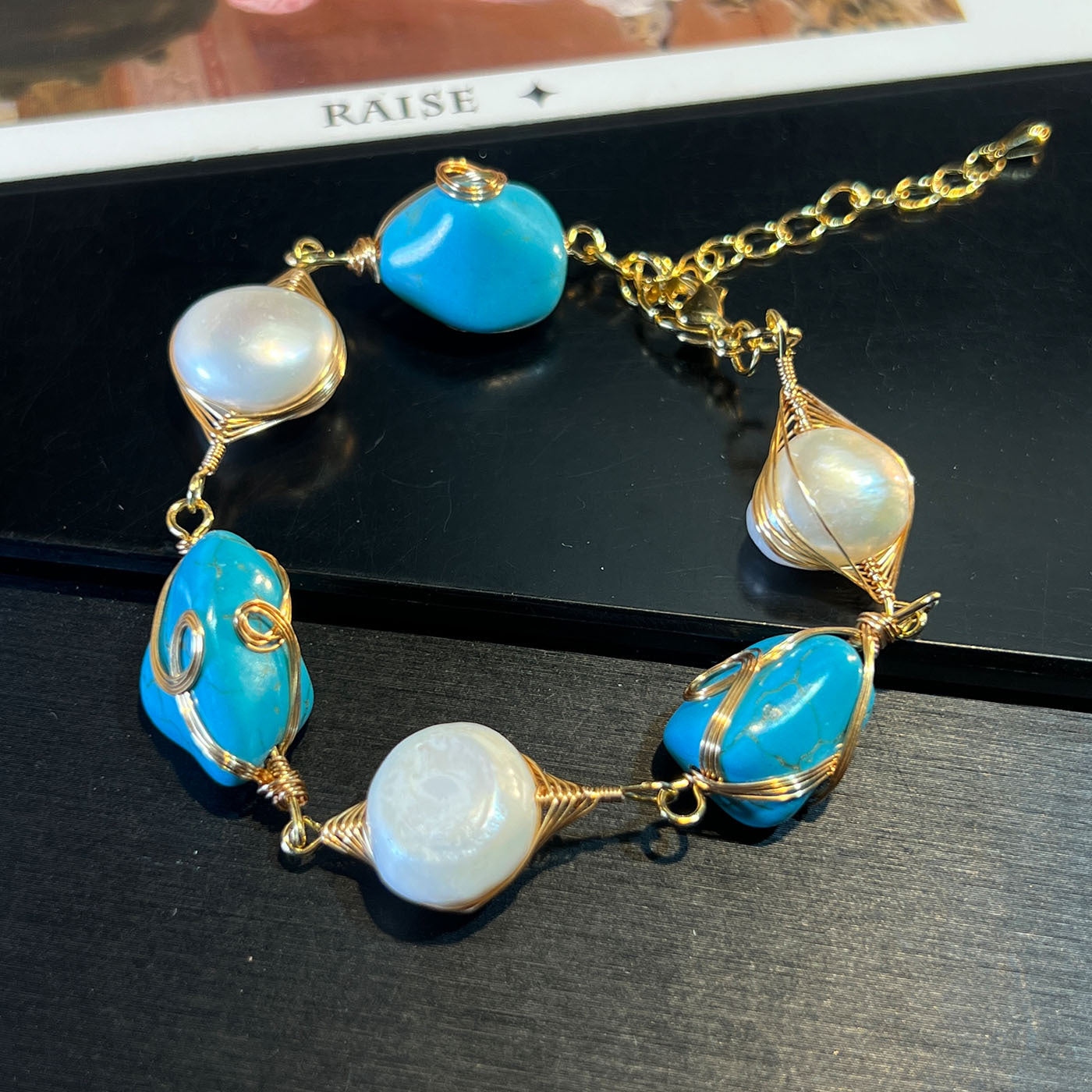 Parure Collier Boucles d'Oreilles Bracelet Broche Perles Baroques Naturelles Turquoise