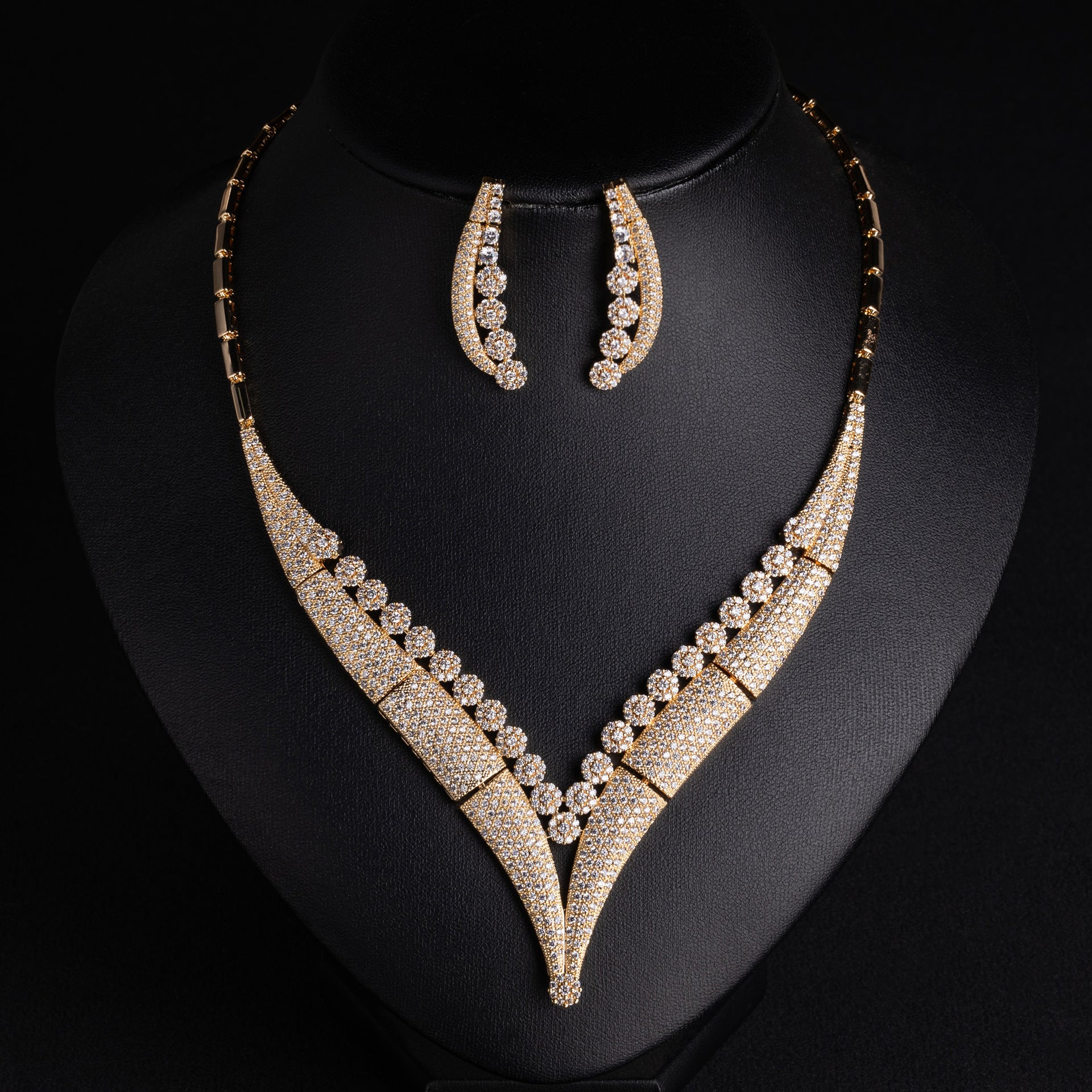 Elegant Gold Crystal Jewelry Set – V Shape Necklace Earrings for Women