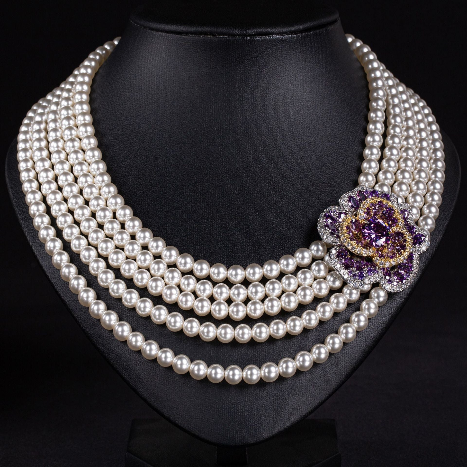 Luxury Multi Strand Pearl Necklace with Emerald Flower Brooch