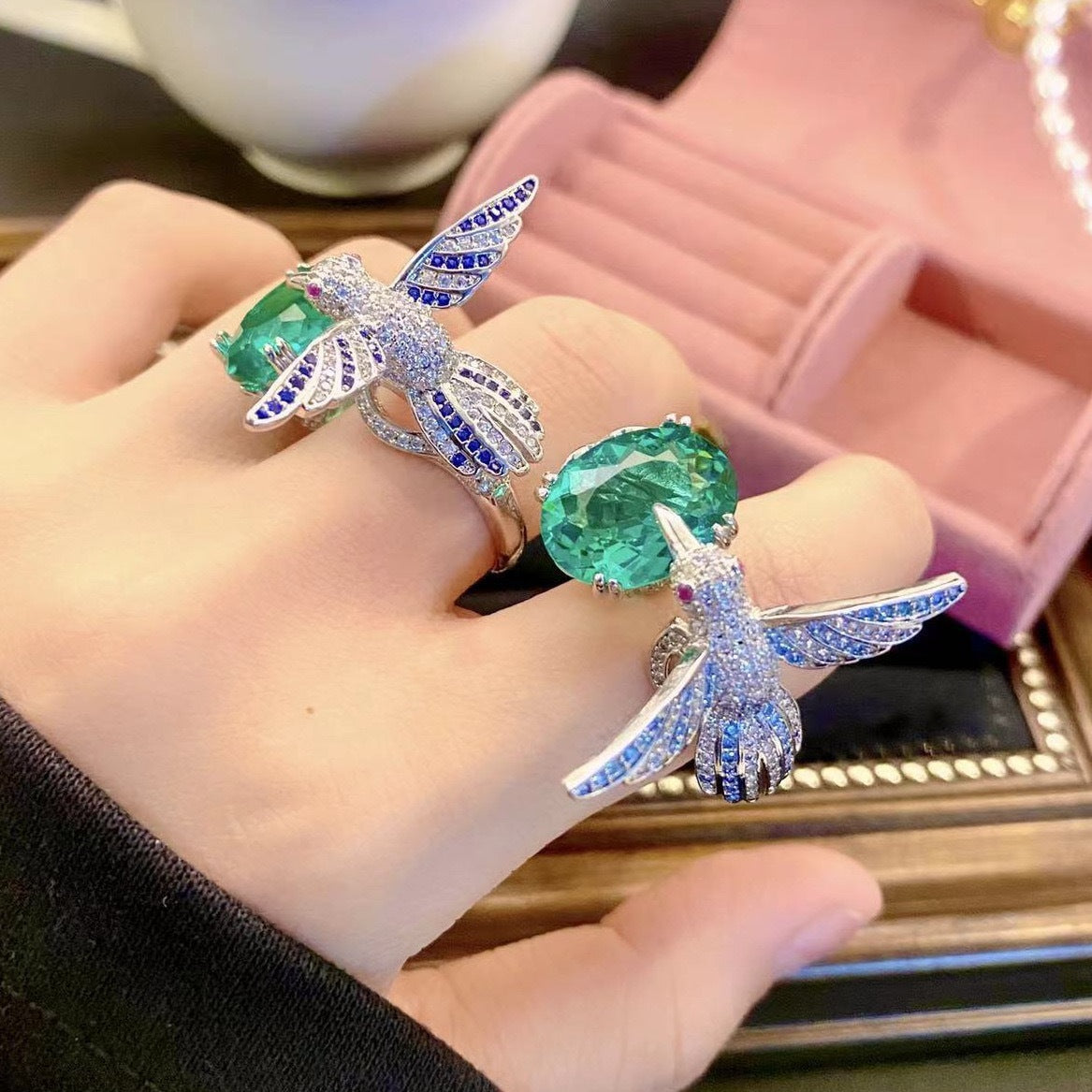 Emerald Green Crystal Hummingbird Ring for Women