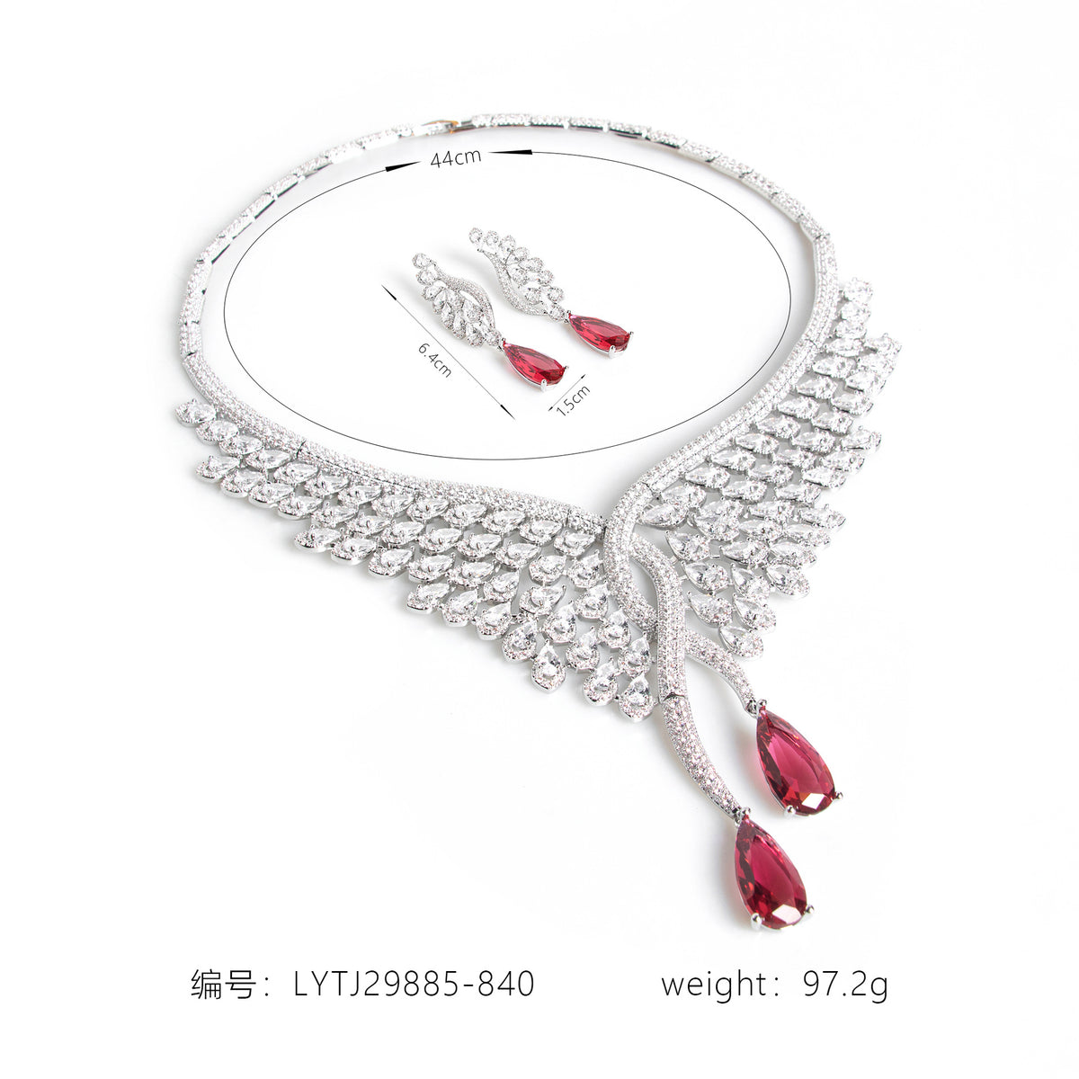 Elegant Ruby Red Teardrop Jewelry Set – Silver Crystal Necklace Earrings