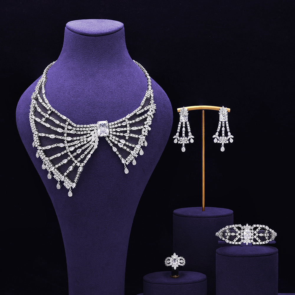 Luxury Red Crystal Bow Style Necklace Earrings Bracelet Ring Jewelry Set