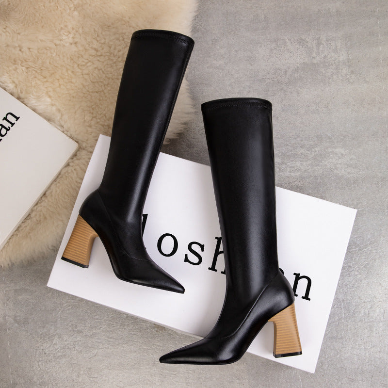 Stylish and sexy, pointed wood grain high-heeled boots