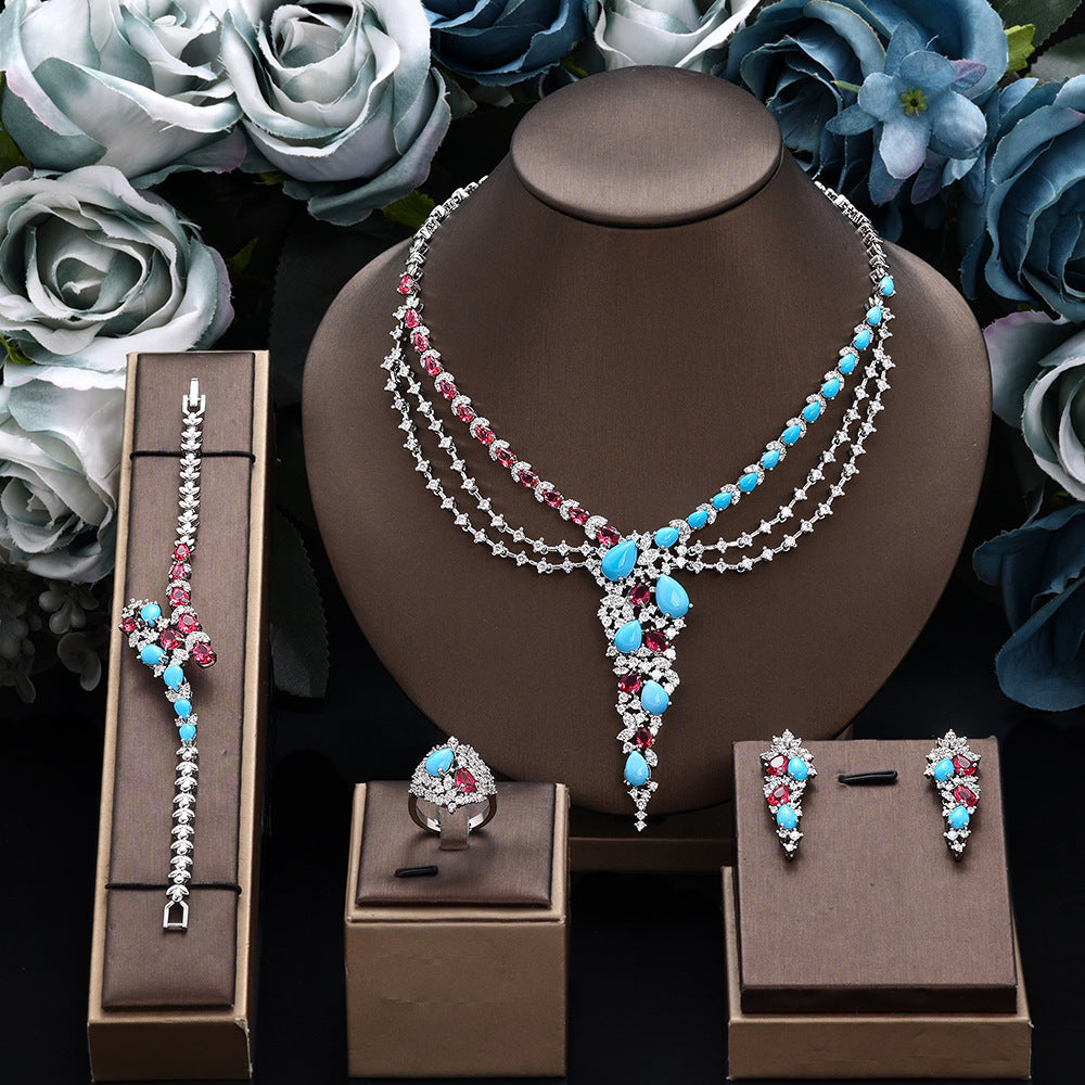 Luxury Blue Red Crystal Jewelry Set Multilayer Necklace Earrings Ring Bracelet Bridal Statement Set for Women